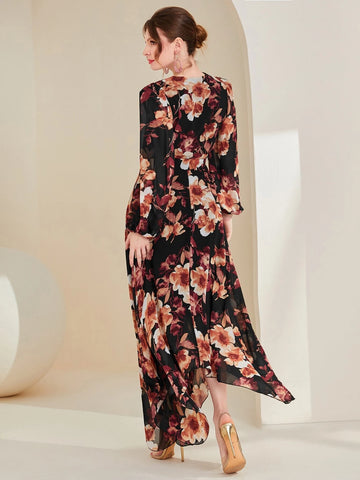 Floral Print Lantern Sleeve Hanky Hem Belted Dress