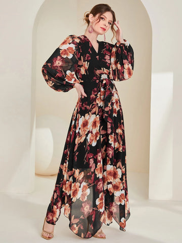 Floral Print Lantern Sleeve Hanky Hem Belted Dress