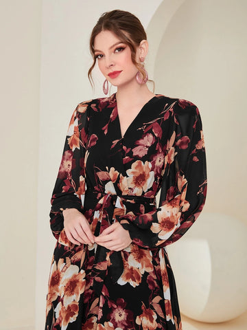 Floral Print Lantern Sleeve Hanky Hem Belted Dress
