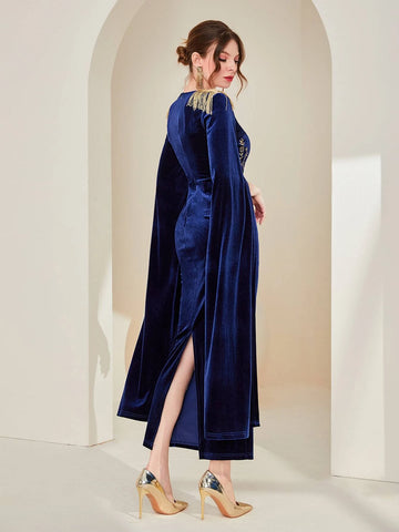 Floral Embroidery Fringe Shoulder Split Sleeve Velvet Dress