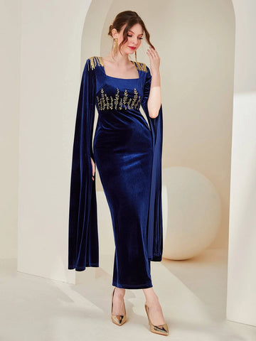 Floral Embroidery Fringe Shoulder Split Sleeve Velvet Dress