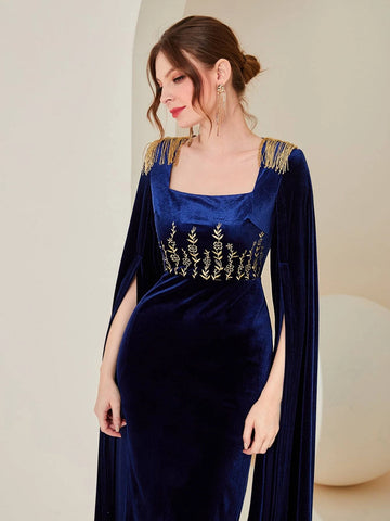 Floral Embroidery Fringe Shoulder Split Sleeve Velvet Dress