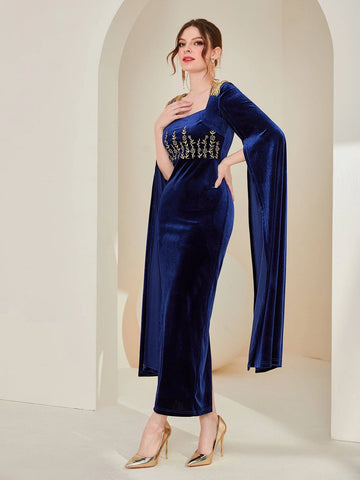 Floral Embroidery Fringe Shoulder Split Sleeve Velvet Dress