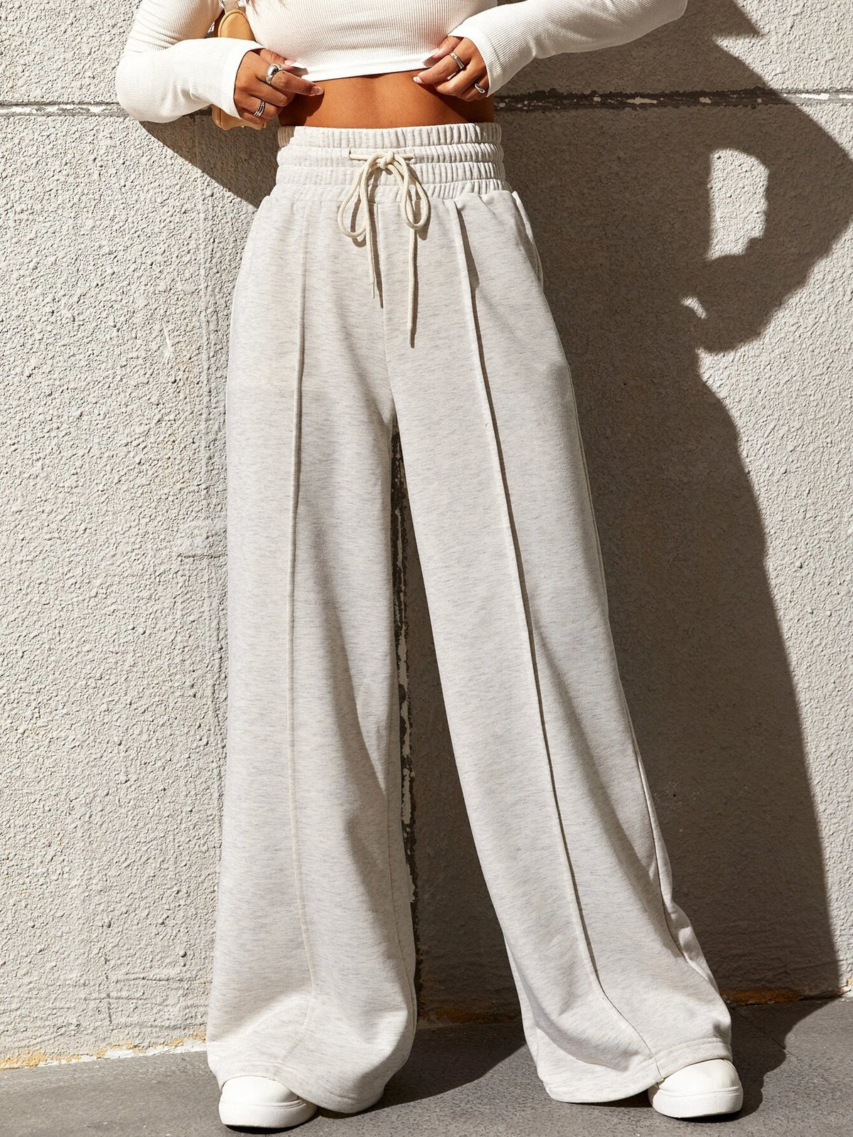 Solid Drawstring Waist Wide Leg Sweatpants