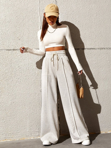 Solid Drawstring Waist Wide Leg Sweatpants