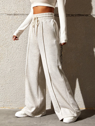 Solid Drawstring Waist Wide Leg Sweatpants