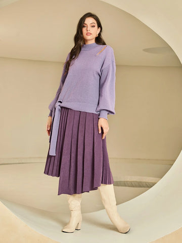 High Waist Asymmetrical Hem Pleated Skirt