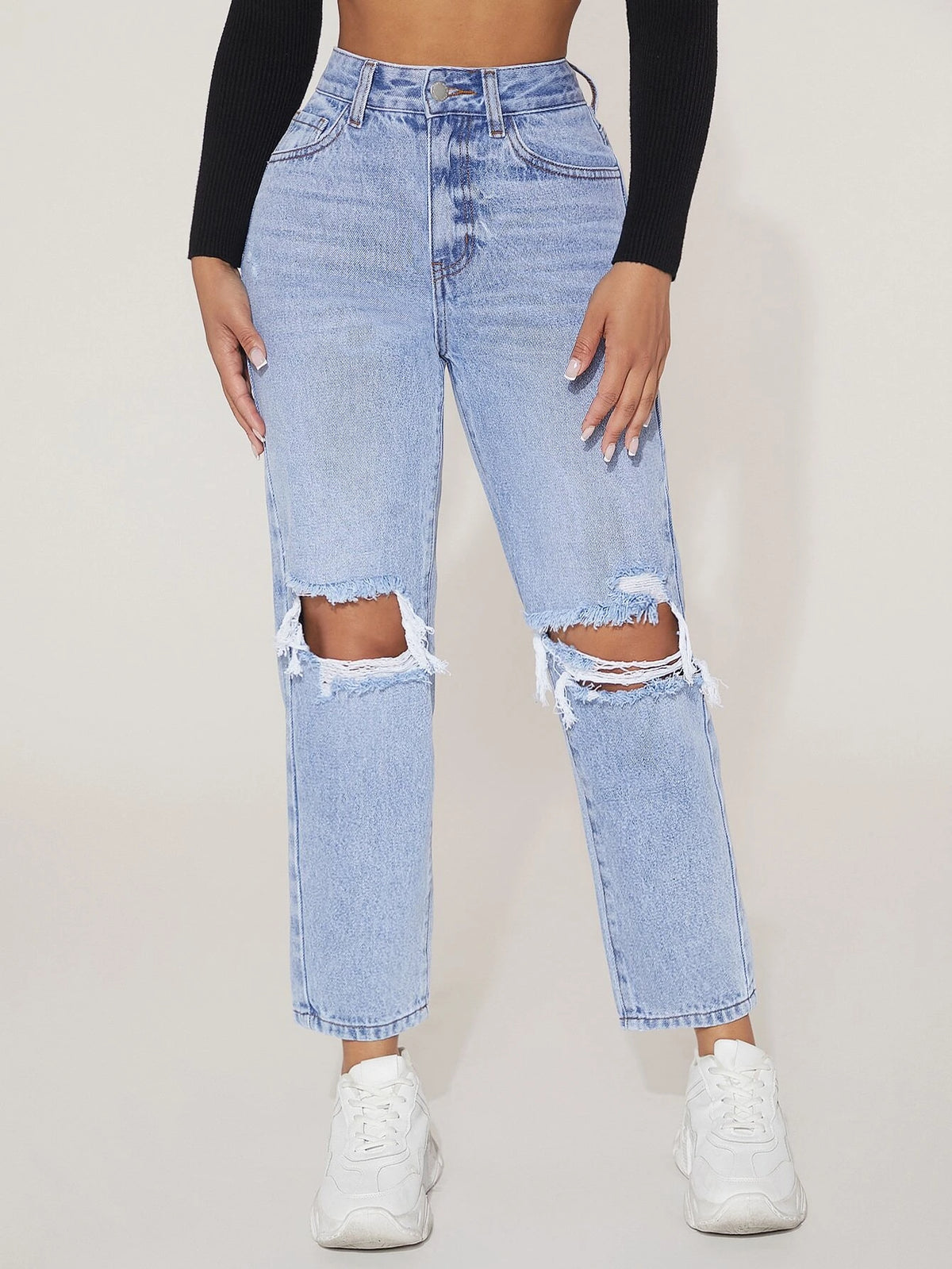 PETITE High Waist Ripped Straight Leg Jeans