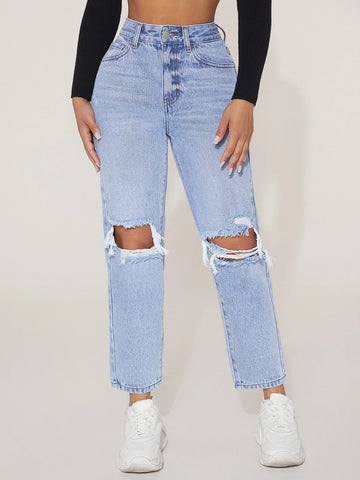 PETITE High Waist Ripped Straight Leg Jeans