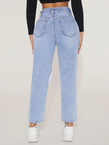PETITE High Waist Ripped Straight Leg Jeans
