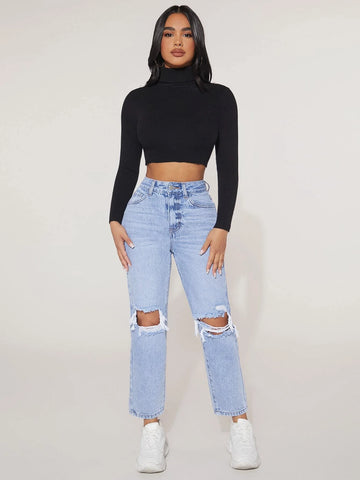 PETITE High Waist Ripped Straight Leg Jeans