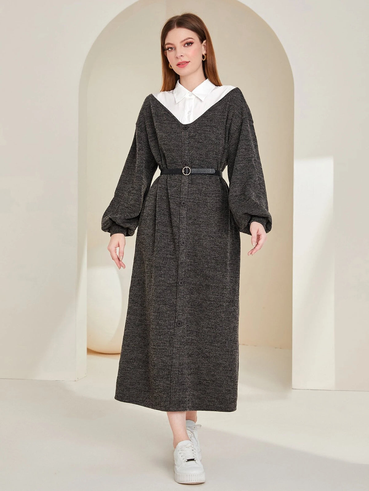 Colorblock Lantern Sleeve Dress Without Belt