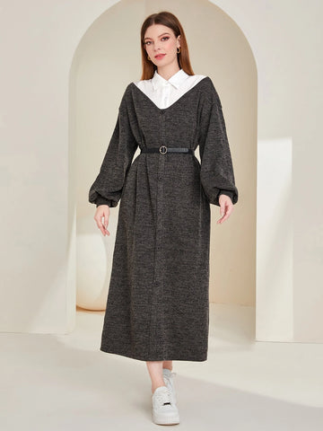 Colorblock Lantern Sleeve Dress Without Belt