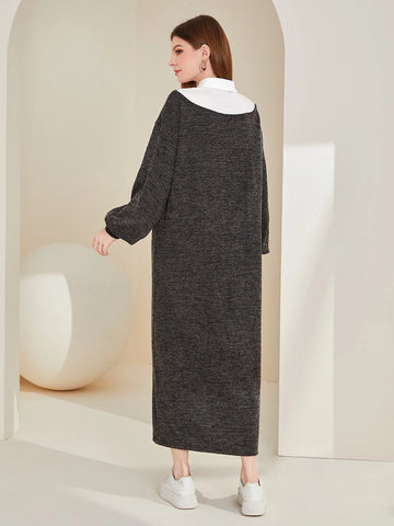 Colorblock Lantern Sleeve Dress Without Belt