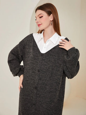 Colorblock Lantern Sleeve Dress Without Belt