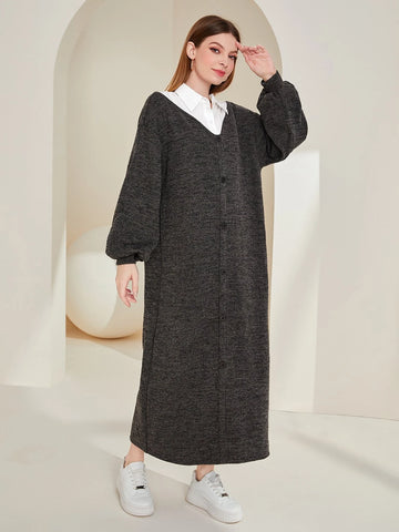 Colorblock Lantern Sleeve Dress Without Belt