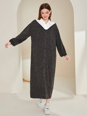 Colorblock Lantern Sleeve Dress Without Belt