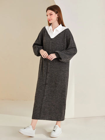 Colorblock Lantern Sleeve Dress Without Belt