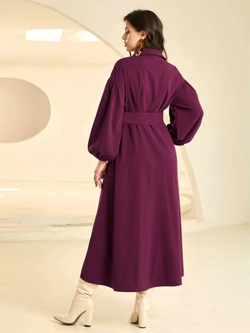 Lantern Sleeve Belted Shirt Dress