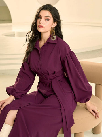 Lantern Sleeve Belted Shirt Dress