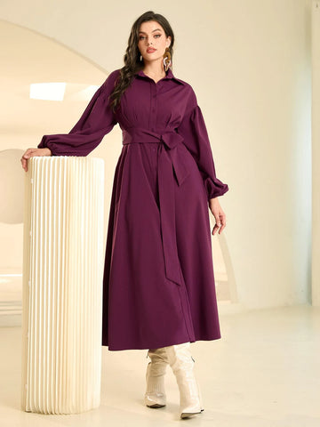 Lantern Sleeve Belted Shirt Dress