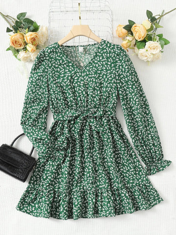 Teen Girls Ditsy Floral Ruffle Hem Belted Dress