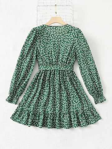 Teen Girls Ditsy Floral Ruffle Hem Belted Dress