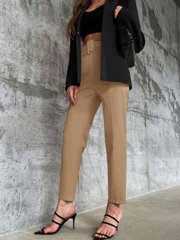Solid Belted Tapered Pants