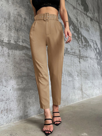 Solid Belted Tapered Pants
