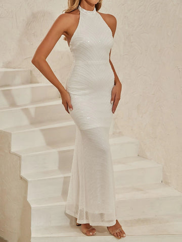 ANGEL FASHIONS Halter Neck Contrast Sequin Mermaid Dress