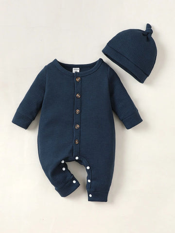 Newborn Baby Waffle Knit Jumpsuit & Hat