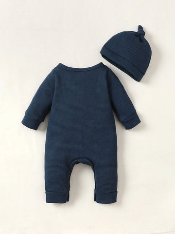 Newborn Baby Waffle Knit Jumpsuit & Hat