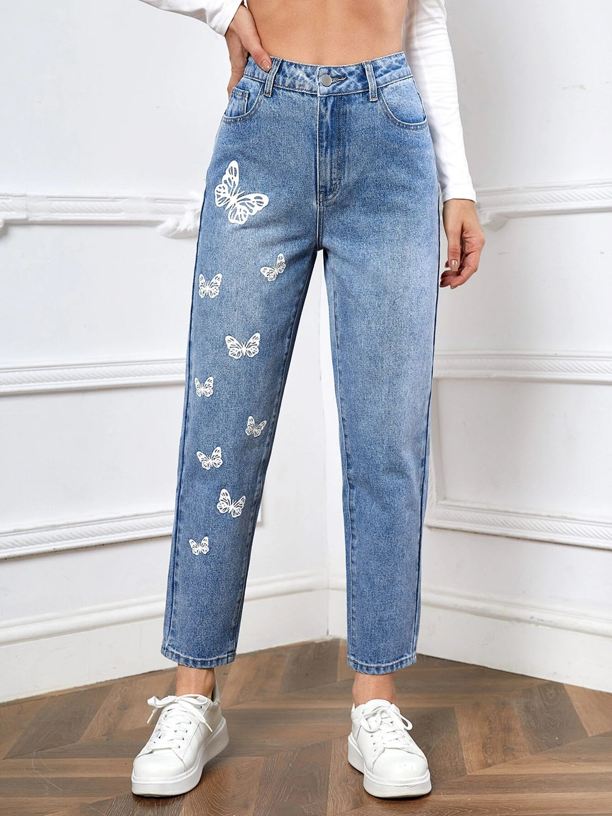 Butterfly Print Straight Leg Jeans