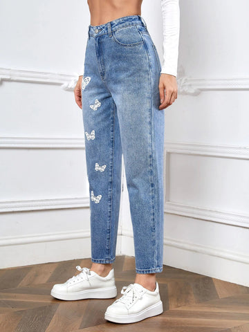 Butterfly Print Straight Leg Jeans