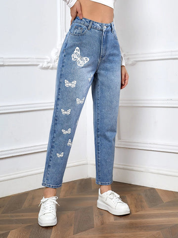 Butterfly Print Straight Leg Jeans