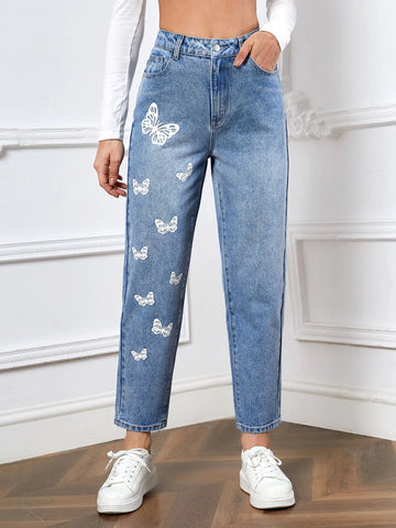 Butterfly Print Straight Leg Jeans