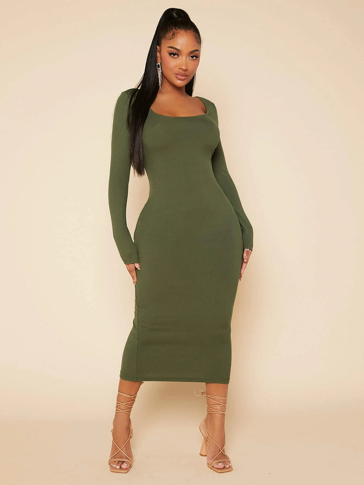 SXY Solid Square Neck Bodycon Dress