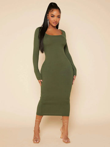 SXY Solid Square Neck Bodycon Dress