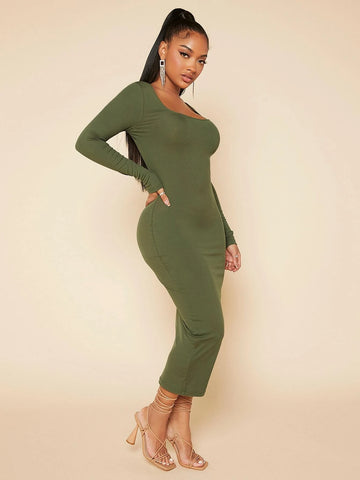 SXY Solid Square Neck Bodycon Dress
