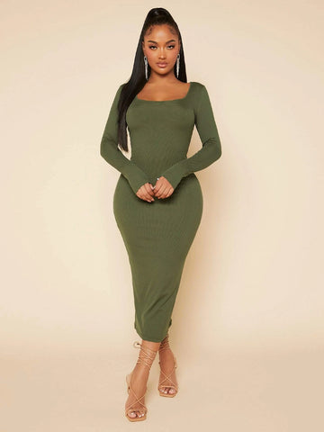 SXY Solid Square Neck Bodycon Dress