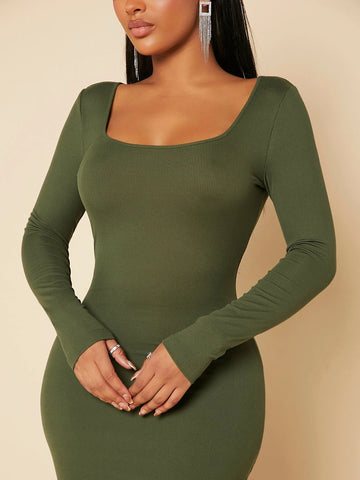 SXY Solid Square Neck Bodycon Dress