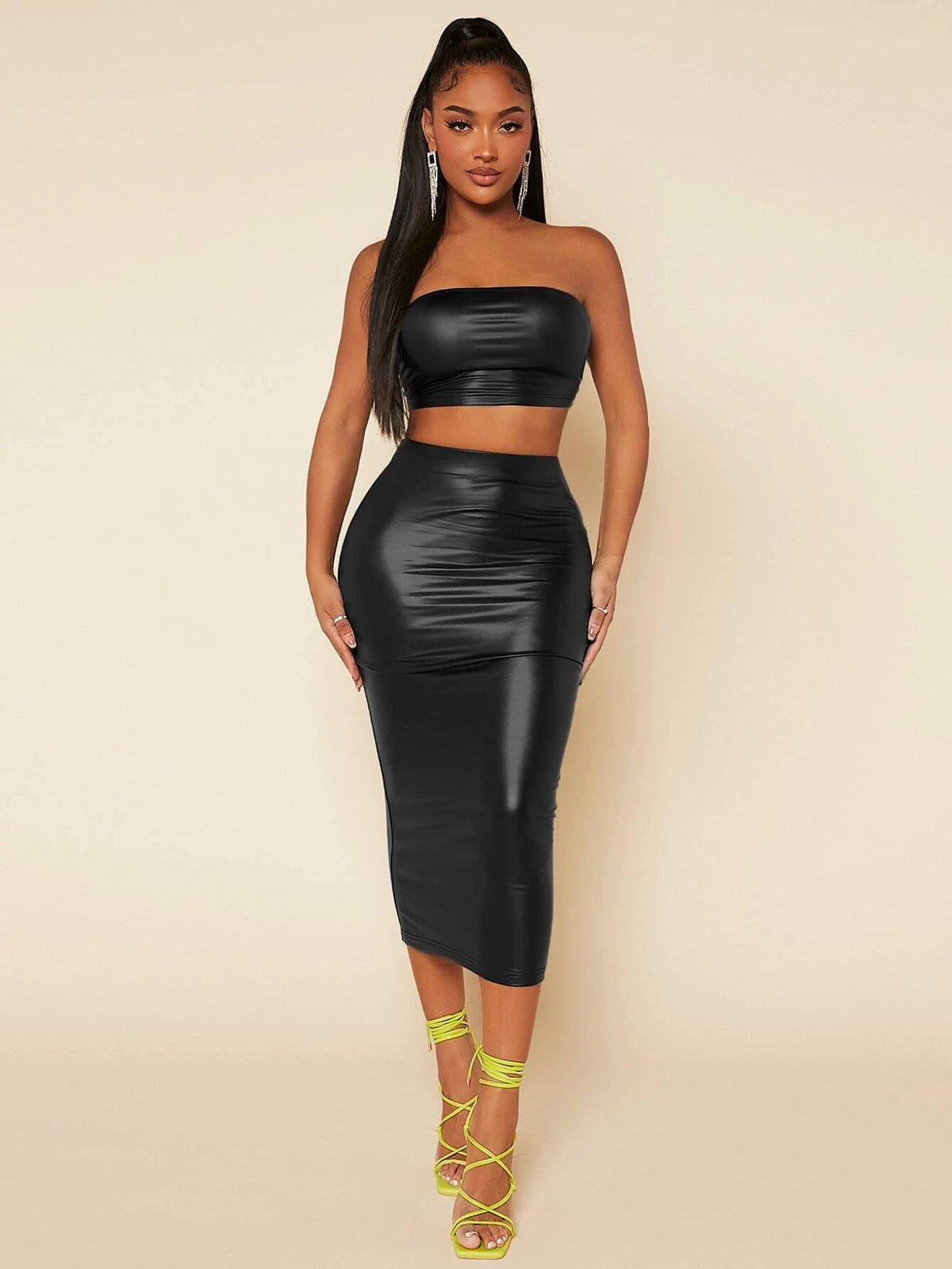 PU Leather Crop Tube Top & Pencil Skirt