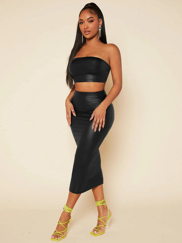 PU Leather Crop Tube Top & Pencil Skirt