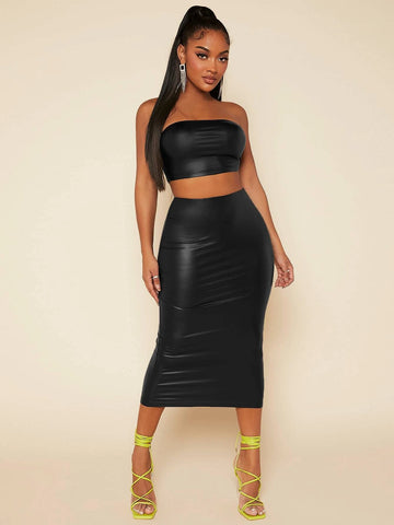 PU Leather Crop Tube Top & Pencil Skirt