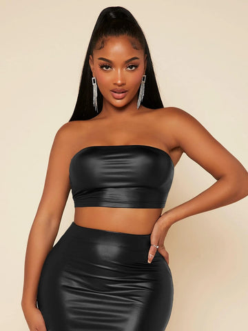 PU Leather Crop Tube Top & Pencil Skirt