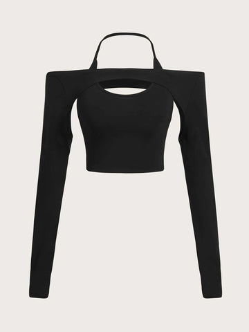 Solid Cut-out Halter Crop Tee