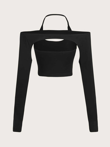 Solid Cut-out Halter Crop Tee