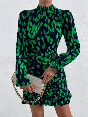 Allover Print Mock Neck Ruched Ruffle Hem Dress
