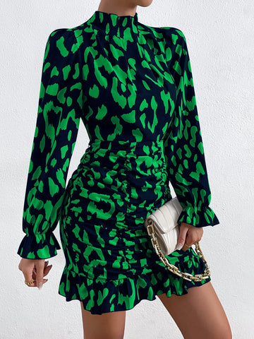 Allover Print Mock Neck Ruched Ruffle Hem Dress