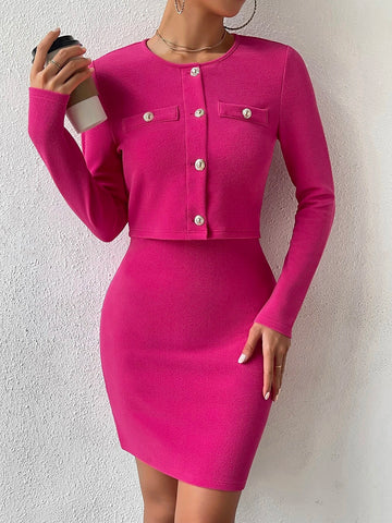 Solid Cami Bodycon Dress & Button Front Jacket